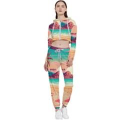 Palm Trees Tropical Ocean Sunset Sunrise Landscape Cropped Zip Up Lounge Set by Pakemis