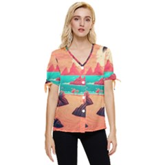 Tropical Beach Sea Jungle Ocean Landscape Bow Sleeve Button Up Top by Pakemis