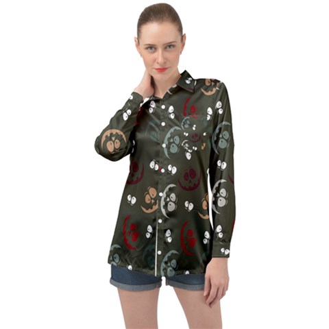 Art Halloween Pattern Creepy Design Digital Papers Long Sleeve Satin Shirt by Wegoenart