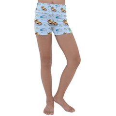 Pattern Giraffe Animal Seamless Scrapbooking Blue Kids  Lightweight Velour Yoga Shorts by Wegoenart