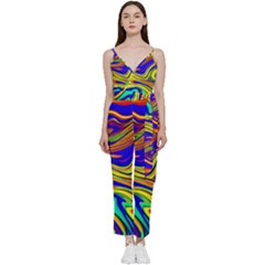 Contemporary Art Fluid Background V-neck Spaghetti Strap Tie Front Jumpsuit by GardenOfOphir