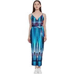 City People Cyberpunk V-neck Spaghetti Strap Tie Front Jumpsuit by Jancukart
