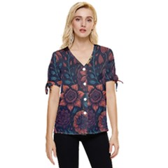Flower Art Drawing Painting Spring Bow Sleeve Button Up Top by Jancukart