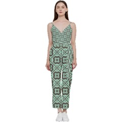 Pattern 11 V-neck Spaghetti Strap Tie Front Jumpsuit by GardenOfOphir