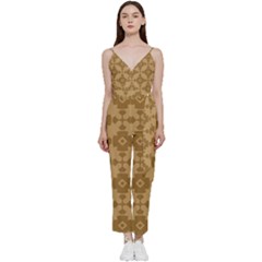 Pattern 5 V-neck Spaghetti Strap Tie Front Jumpsuit by GardenOfOphir