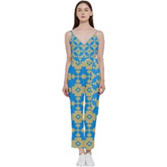 Pattern 7 V-neck Spaghetti Strap Tie Front Jumpsuit by GardenOfOphir
