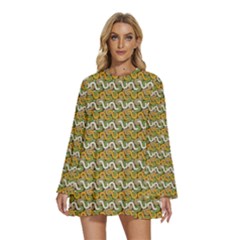 Pattern Round Neck Long Sleeve Bohemian Style Chiffon Mini Dress by Sparkle