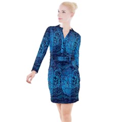 Artificial Intelligence Network Blue Art Button Long Sleeve Dress by Semog4