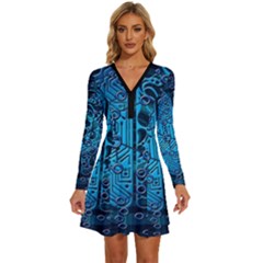 Artificial Intelligence Network Blue Art Long Sleeve Deep V Mini Dress  by Semog4