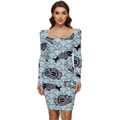 Fish Koi Ocean Sea Oriental Waves Women Long Sleeve Ruched Stretch Jersey Dress by Semog4