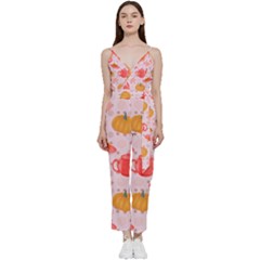 Pumpkin Tea Cup Pie Dessert V-neck Spaghetti Strap Tie Front Jumpsuit by Semog4