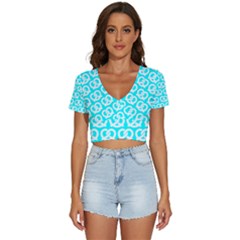 Aqua Pretzel Illustrations Pattern V-neck Crop Top by GardenOfOphir