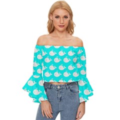 Cute Whale Illustration Pattern Off Shoulder Flutter Bell Sleeve Top by GardenOfOphir