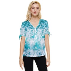 Tropical Blue Ocean Wave Bow Sleeve Button Up Top by Jack14