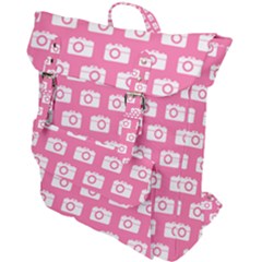 Pink Modern Chic Vector Camera Illustration Pattern Buckle Up Backpack by GardenOfOphir