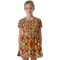 Kaleidoscope Floral Pattern Rosette Kids  Short Sleeve Pinafore Style Dress by Jancukart