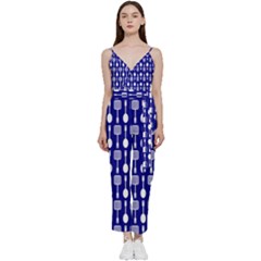 Indigo Spatula Spoon Pattern V-neck Spaghetti Strap Tie Front Jumpsuit by GardenOfOphir