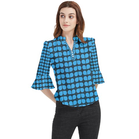 Blue Gray Leaf Pattern Loose Horn Sleeve Chiffon Blouse by GardenOfOphir