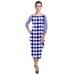 Blue And White Leaf Pattern Quarter Sleeve Midi Velour Bodycon Dress by GardenOfOphir