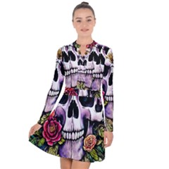 Sugar Skull With Flowers - Day Of The Dead Long Sleeve Panel Dress by GardenOfOphir