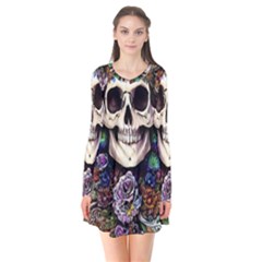 Dead Cute Skull Floral Long Sleeve V-neck Flare Dress by GardenOfOphir
