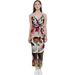 Sugar Skull V-neck Spaghetti Strap Tie Front Jumpsuit by GardenOfOphir