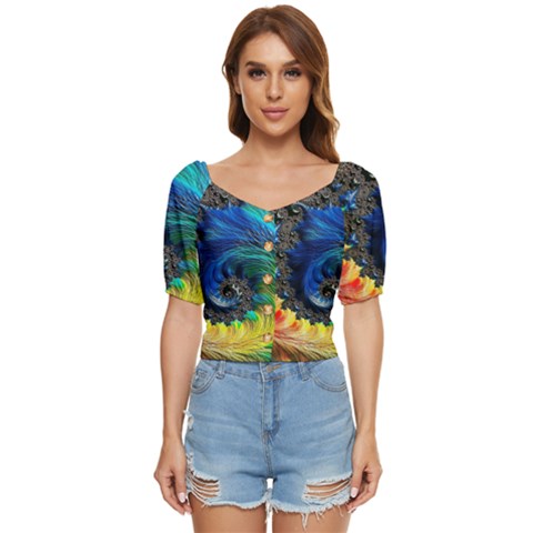 Colorful Digital Art Fractal Design Button Up Blouse by Semog4
