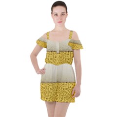 Texture Pattern Macro Glass Of Beer Foam White Yellow Art Ruffle Cut Out Chiffon Playsuit by Semog4