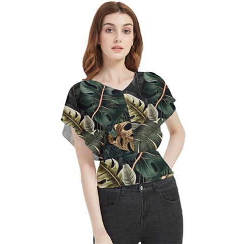 Tropical Leaves Foliage Monstera Nature Home Pattern Butterfly Chiffon Blouse by Jancukart