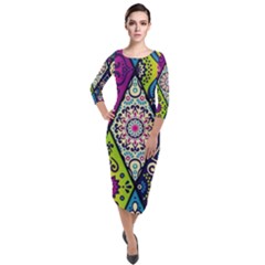 Ethnic Pattern Abstract Quarter Sleeve Midi Velour Bodycon Dress by Semog4