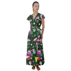Colorful Funny Christmas Pattern Flutter Sleeve Maxi Dress by Semog4
