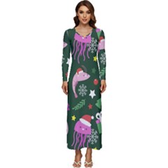 Colorful Funny Christmas Pattern Long Sleeve Longline Maxi Dress by Semog4