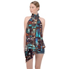Stained Glass Mosaic Abstract Halter Asymmetric Satin Top by Semog4