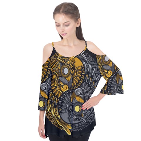 Yin Yang Owl Doodle Ornament Illustration Flutter Tees by Semog4