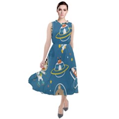 Seamless Pattern Funny Astronaut Outer Space Transportation Round Neck Boho Dress by Semog4