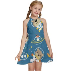 Seamless Pattern Funny Astronaut Outer Space Transportation Kids  Halter Collar Waist Tie Chiffon Dress by Semog4