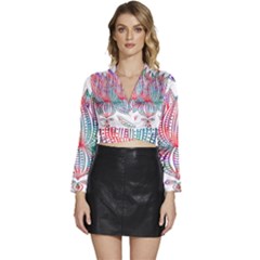 Lotus Feathers Boho Watercolor Long Sleeve Tie Back Satin Wrap Top by Salman4z