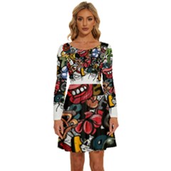 Mural Graffiti Paint Long Sleeve Wide Neck Velvet Dress by Salman4z