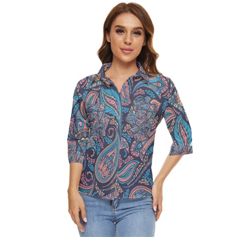 Background Ornament Paisley Women s Quarter Sleeve Pocket Shirt by Salman4z