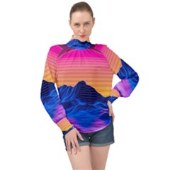 Sun Ultra Artistic 3d Illustration Sunset High Neck Long Sleeve Chiffon Top by Salman4z