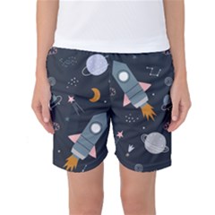 Space Background Illustration With Stars And Rocket Seamless Vector Pattern Women s Basketball Shorts by Salman4z
