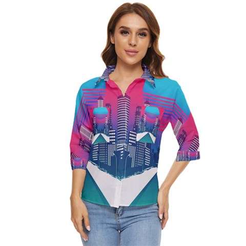 Retro Cityscape Artist Artwork Digital Art Women s Quarter Sleeve Pocket Shirt by Salman4z
