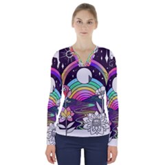 Rainbow Fun Cute Minimal Doodle Drawing Art V-neck Long Sleeve Top by Jancukart