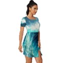 Waves Ocean Sea Tsunami Nautical Blue Fitted Knot Split End Bodycon Dress View3