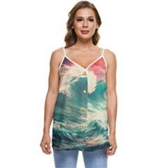 Storm Tsunami Waves Ocean Sea Nautical Nature 2 Casual Spaghetti Strap Chiffon Top by Jancukart