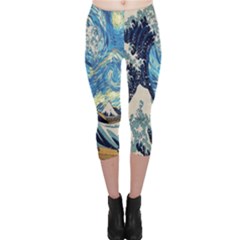 The Great Wave Of Kanagawa Painting Starry Night Van Gogh Capri Leggings  by Sudheng