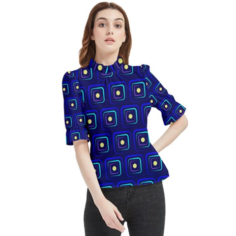 Blue Neon Squares - Modern Abstract Frill Neck Blouse by ConteMonfrey