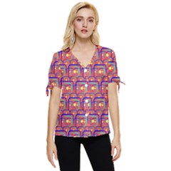 Pink Yellow Neon Squares - Modern Abstract Bow Sleeve Button Up Top by ConteMonfrey