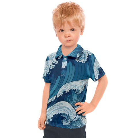 Waves Ocean Sea Pattern Water Tsunami Rough Seas Kids  Polo Tee by Wegoenart