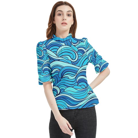 Pattern Ocean Waves Blue Nature Sea Abstract Frill Neck Blouse by Wegoenart